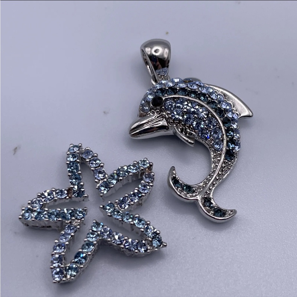 Dolphin And Floating Starfish Pendants Blue Sparkling Rhinestones Silver Tone.